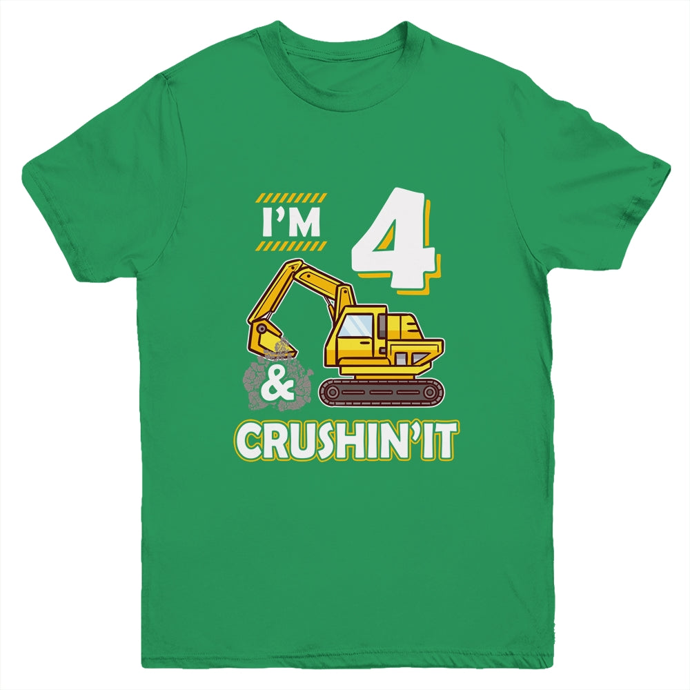 Kids 4 Year Old Vehicles Construction Excavator Birthday 4th Youth Youth Shirt | Teecentury.com