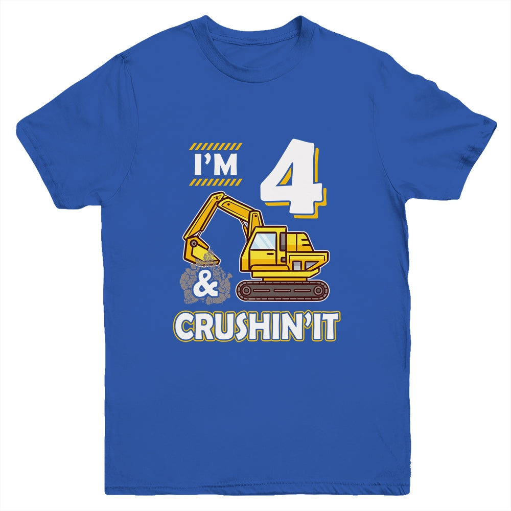 Kids 4 Year Old Vehicles Construction Excavator Birthday 4th Youth Youth Shirt | Teecentury.com