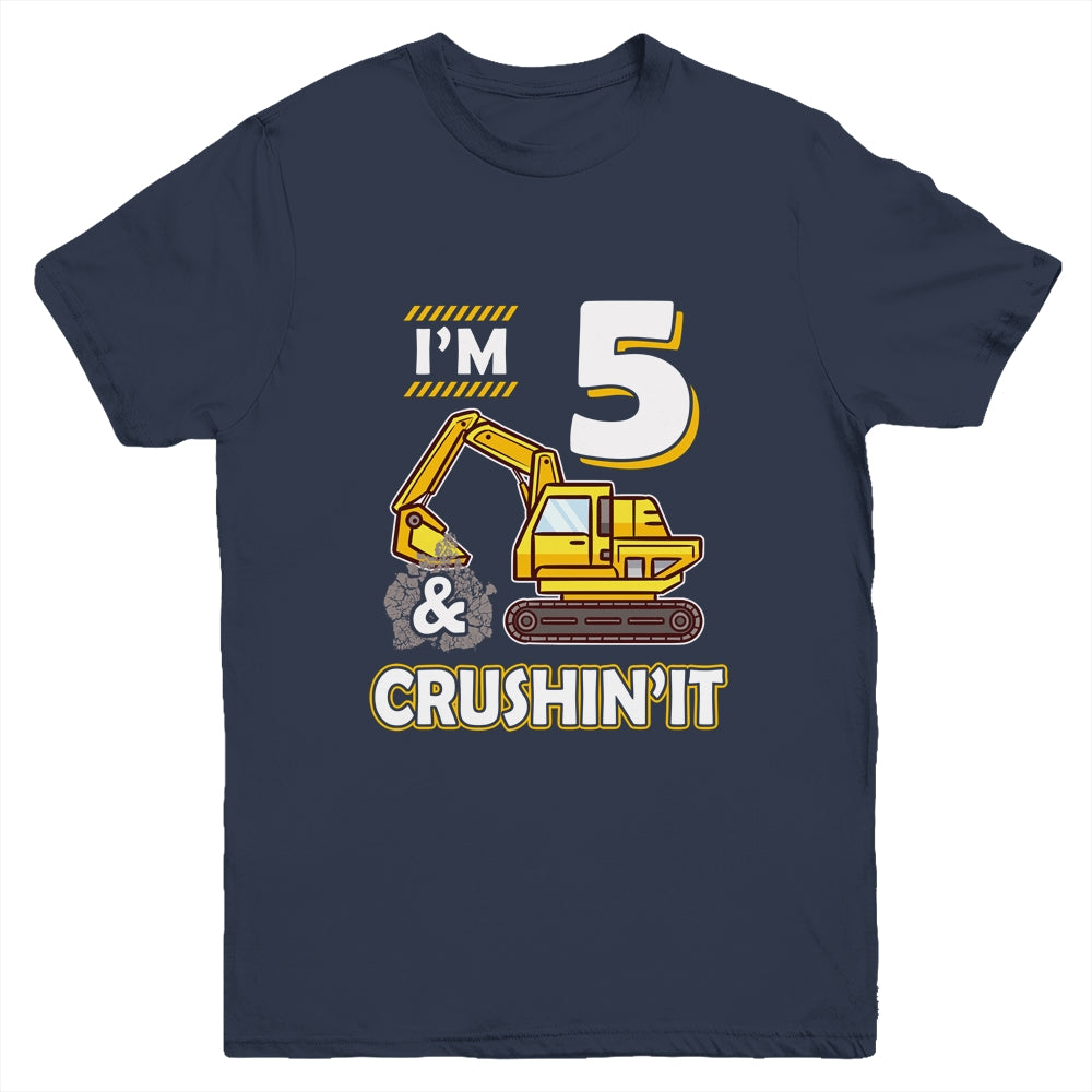 Kids 5 Year Old Vehicles Construction Excavator Birthday 5th Youth Youth Shirt | Teecentury.com