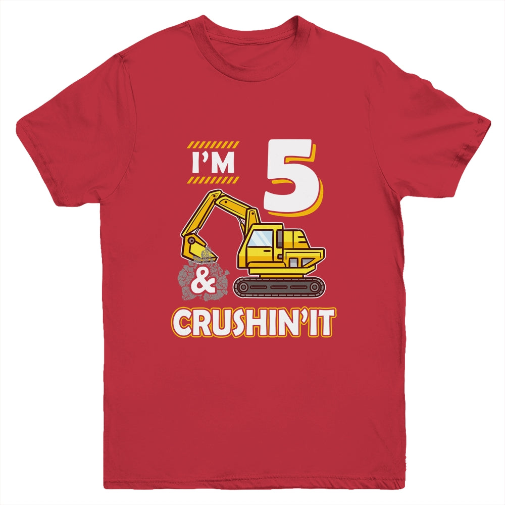 Kids 5 Year Old Vehicles Construction Excavator Birthday 5th Youth Youth Shirt | Teecentury.com