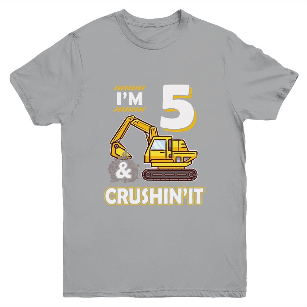 Kids 5 Year Old Vehicles Construction Excavator Birthday 5th Youth Youth Shirt | Teecentury.com