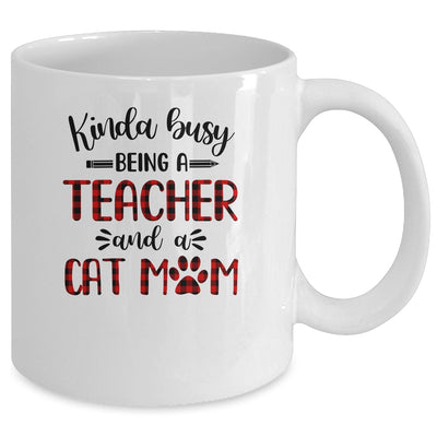 Kinda Busy Being A Teacher And A Cat Mom Red Plaid Mug Coffee Mug | Teecentury.com