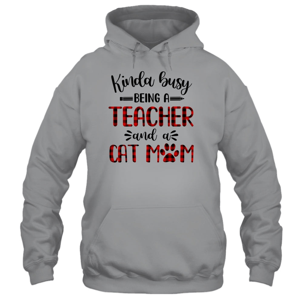 Kinda Busy Being A Teacher And A Cat Mom Red Plaid T-Shirt & Tank Top | Teecentury.com