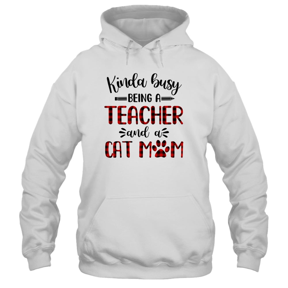 Kinda Busy Being A Teacher And A Cat Mom Red Plaid T-Shirt & Tank Top | Teecentury.com