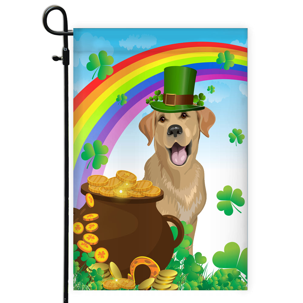 Labrador St Patrick's Day Dog Flag Funny Peeking Dog Wear Green Hat Golden Pot Coin Shamrock Rainbow Spring Banner for Home Decor | teecentury