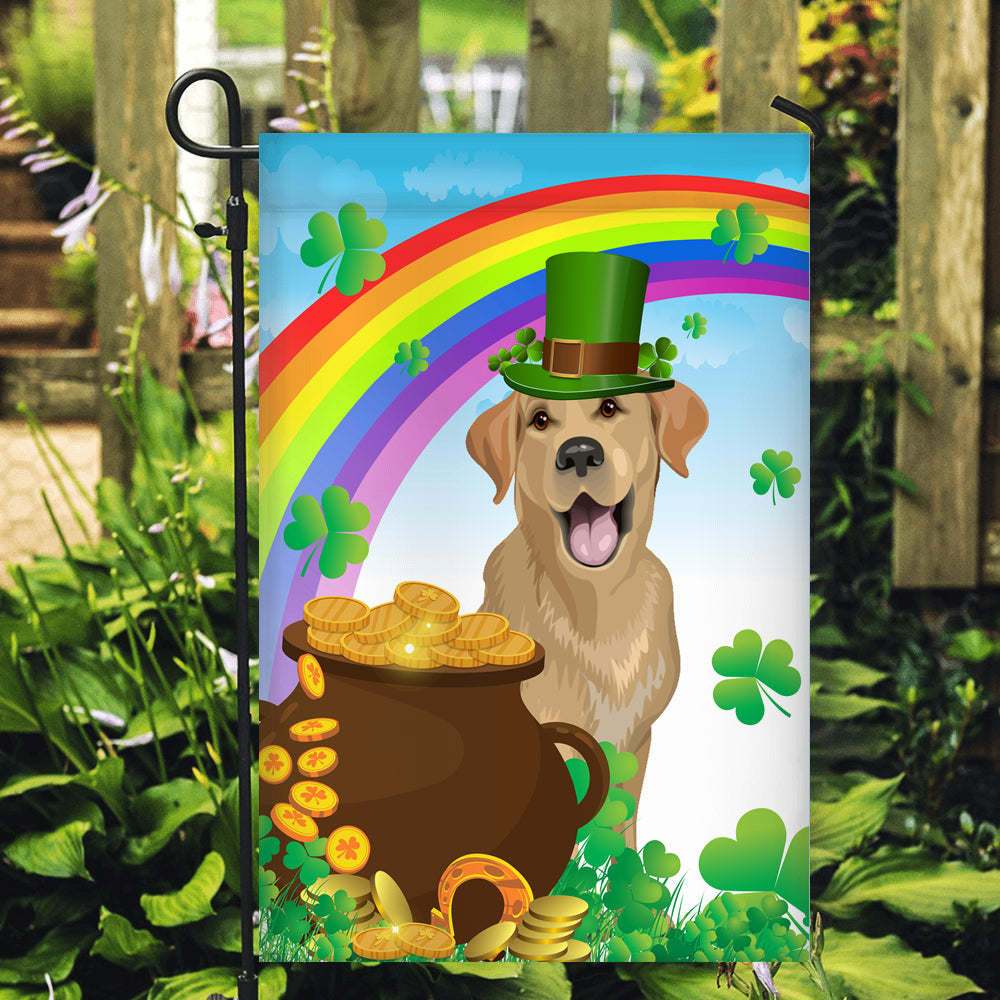 Labrador St Patrick's Day Dog Flag Funny Peeking Dog Wear Green Hat Golden Pot Coin Shamrock Rainbow Spring Banner for Home Decor | teecentury