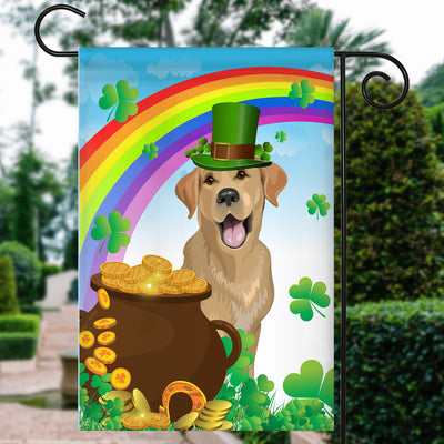 Labrador St Patrick's Day Dog Flag Funny Peeking Dog Wear Green Hat Golden Pot Coin Shamrock Rainbow Spring Banner for Home Decor | teecentury