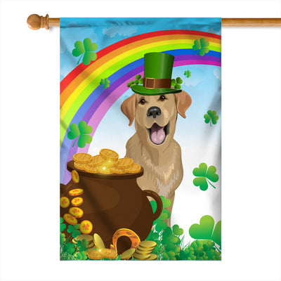 Labrador St Patrick's Day Dog Flag Funny Peeking Dog Wear Green Hat Golden Pot Coin Shamrock Rainbow Spring Banner for Home Decor | teecentury
