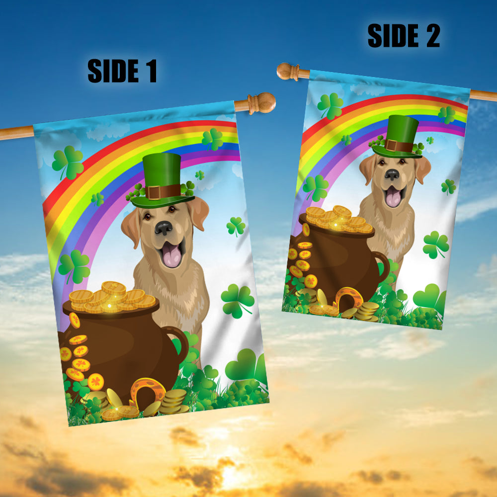 Labrador St Patrick's Day Dog Flag Funny Peeking Dog Wear Green Hat Golden Pot Coin Shamrock Rainbow Spring Banner for Home Decor | teecentury