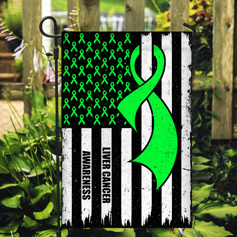Liver Cancer Awareness America Flag Green Ribbon Flag | Teecentury.com