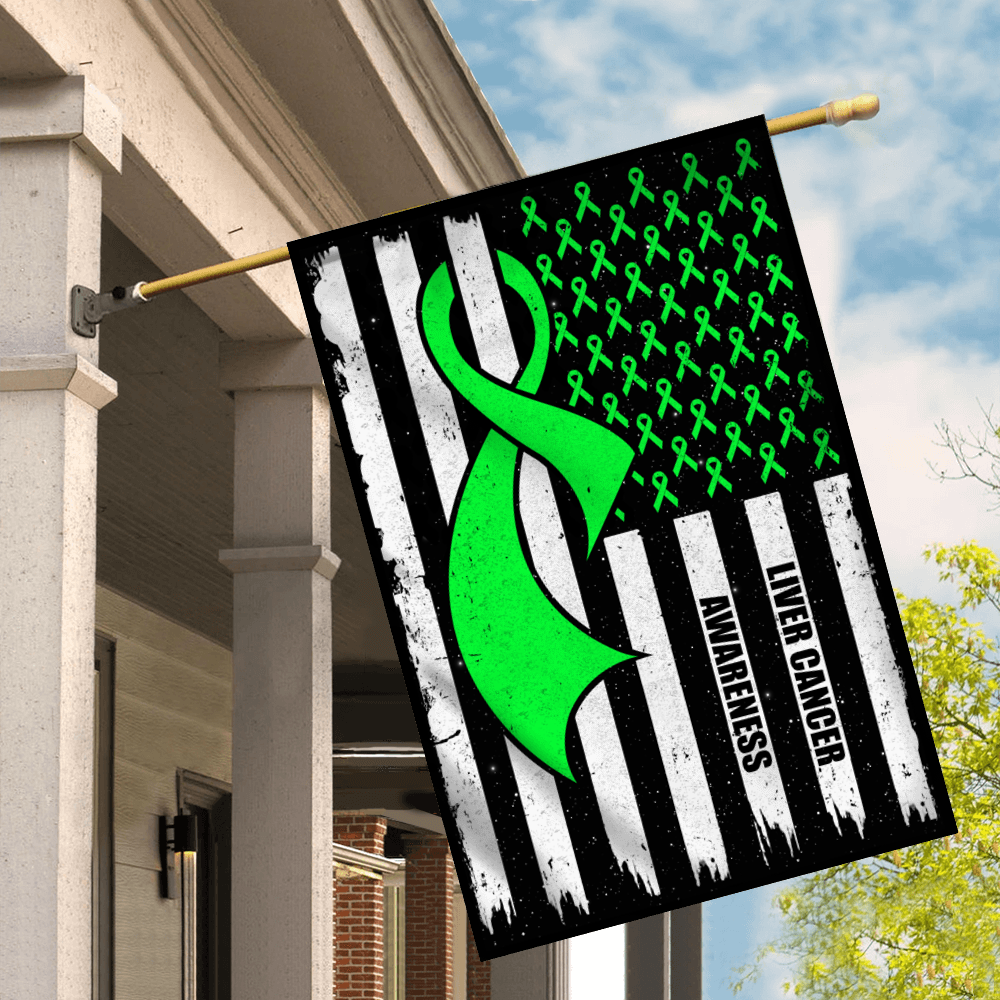 Liver Cancer Awareness America Flag Green Ribbon Flag | Teecentury.com
