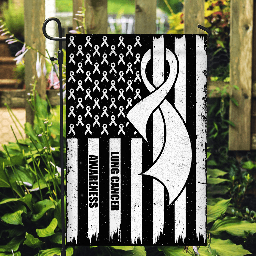 Lung Cancer Awareness America Flag White Ribbon Flag | Teecentury.com