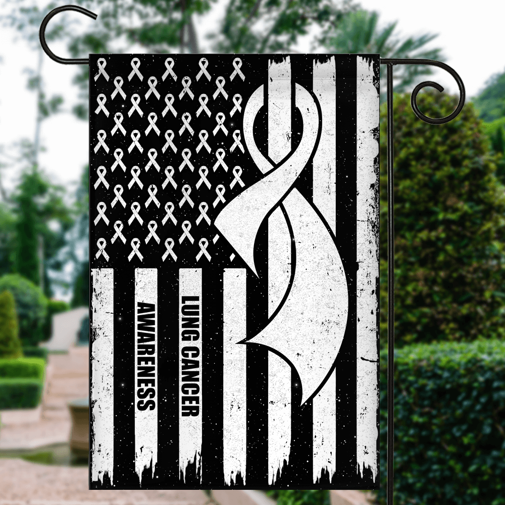Lung Cancer Awareness America Flag White Ribbon Flag | Teecentury.com