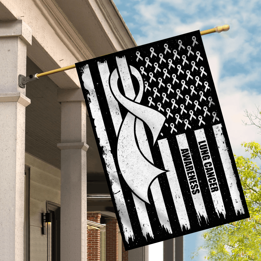 Lung Cancer Awareness America Flag White Ribbon Flag | Teecentury.com