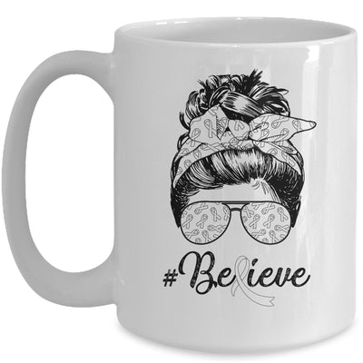 Lung Cancer Awareness Messy Bun Warrior Believe White Ribbon Mug Coffee Mug | Teecentury.com