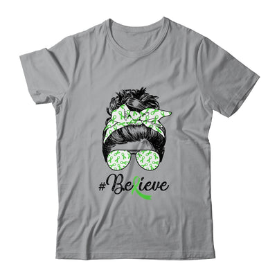 Lymphoma Liver Awareness Messy Bun Warrior Believe Green T-Shirt & Tank Top | Teecentury.com