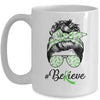 Lymphoma Liver Awareness Messy Bun Warrior Believe Green Mug Coffee Mug | Teecentury.com