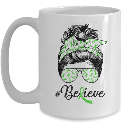 Lymphoma Liver Awareness Messy Bun Warrior Believe Green Mug Coffee Mug | Teecentury.com