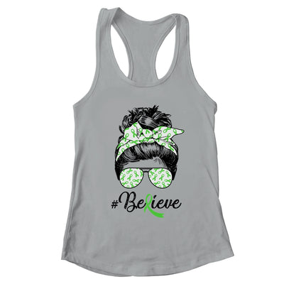 Lymphoma Liver Awareness Messy Bun Warrior Believe Green T-Shirt & Tank Top | Teecentury.com