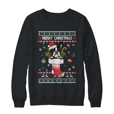 Merry Christmas Boston Terrier In Sock Dog Funny Ugly Xmas T-Shirt & Sweatshirt | Teecentury.com