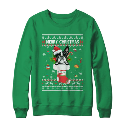 Merry Christmas Boston Terrier In Sock Dog Funny Ugly Xmas T-Shirt & Sweatshirt | Teecentury.com