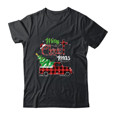 Merry Christmas Buffalo Plaid Red Truck Christian Cross Xmas T-Shirt & Sweatshirt | Teecentury.com