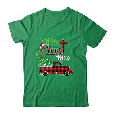 Merry Christmas Buffalo Plaid Red Truck Christian Cross Xmas T-Shirt & Sweatshirt | Teecentury.com