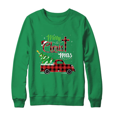 Merry Christmas Buffalo Plaid Red Truck Christian Cross Xmas T-Shirt & Sweatshirt | Teecentury.com