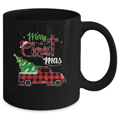 Merry Christmas Buffalo Plaid Red Truck Christian Cross Xmas Mug Coffee Mug | Teecentury.com