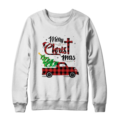 Merry Christmas Buffalo Red Plaid Truck Christian Cross Xmas T-Shirt & Sweatshirt | Teecentury.com