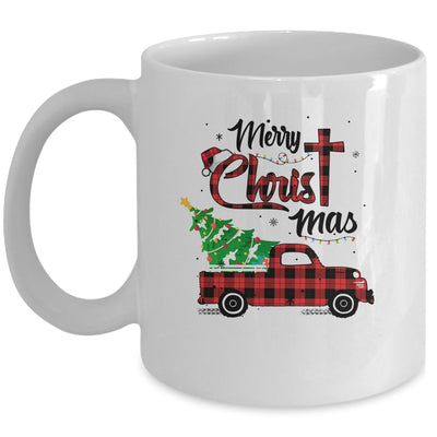 Merry Christmas Buffalo Red Plaid Truck Christian Cross Xmas Mug Coffee Mug | Teecentury.com