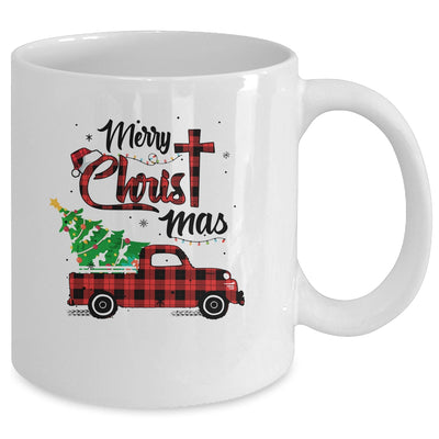 Merry Christmas Buffalo Red Plaid Truck Christian Cross Xmas Mug Coffee Mug | Teecentury.com