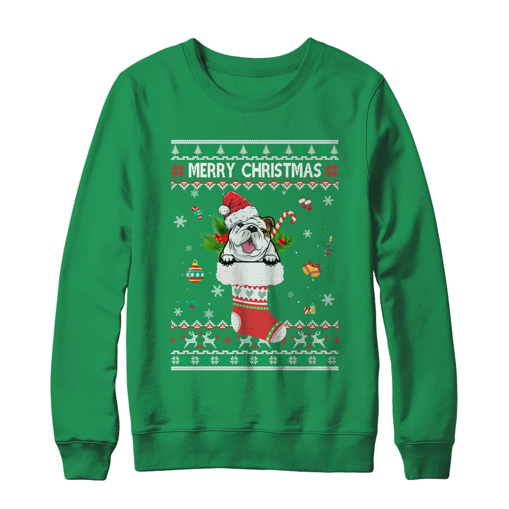 Merry Christmas Bulldog In Sock Dog Funny Ugly Xmas T-Shirt & Sweatshirt | Teecentury.com