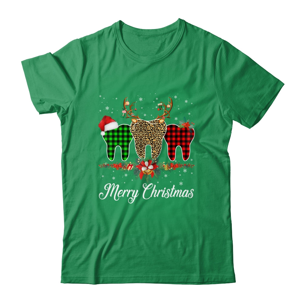 Merry Christmas Dentist Teeth Santa Hat Xmas Leopard Plaid T-Shirt & Sweatshirt | Teecentury.com