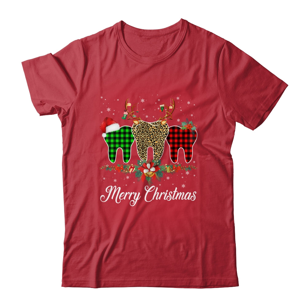 Merry Christmas Dentist Teeth Santa Hat Xmas Leopard Plaid T-Shirt & Sweatshirt | Teecentury.com