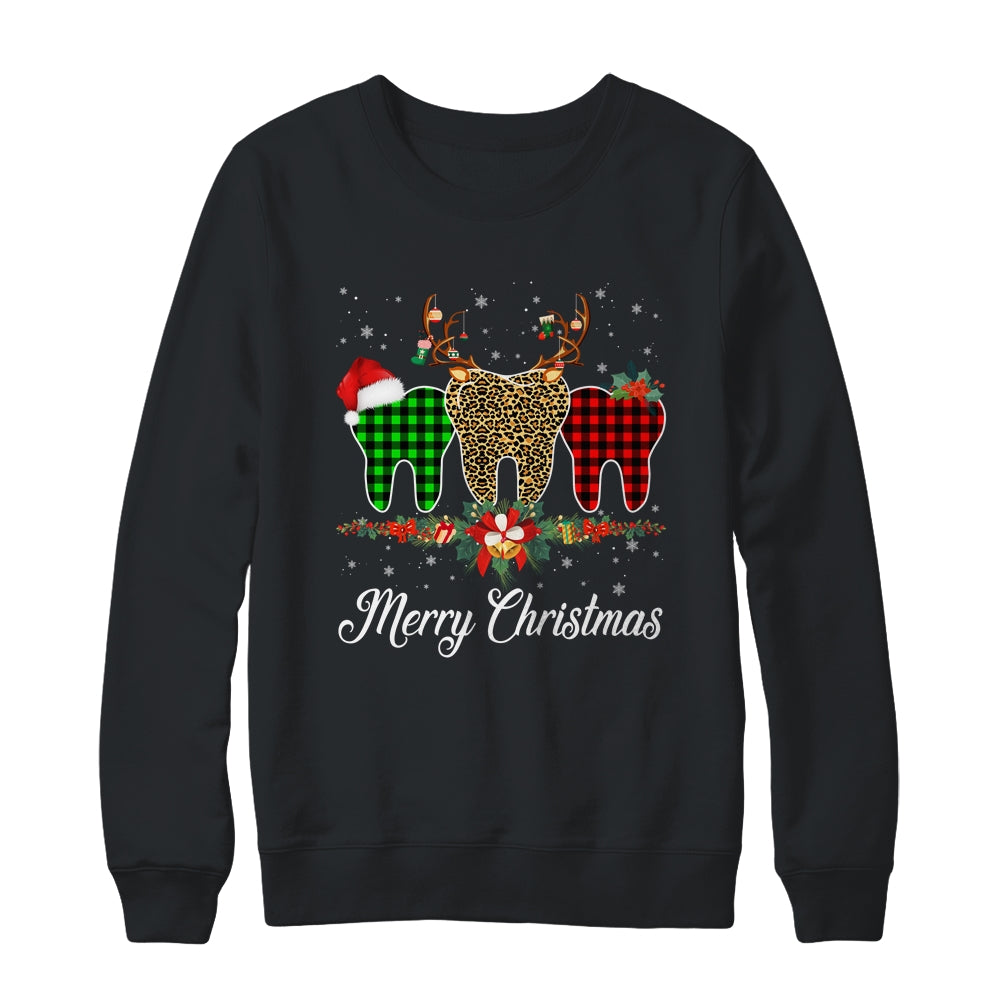 Merry Christmas Dentist Teeth Santa Hat Xmas Leopard Plaid T-Shirt & Sweatshirt | Teecentury.com
