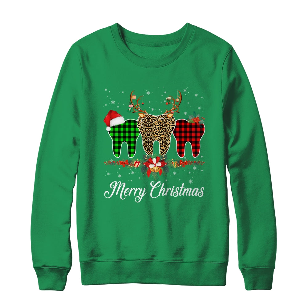 Merry Christmas Dentist Teeth Santa Hat Xmas Leopard Plaid T-Shirt & Sweatshirt | Teecentury.com