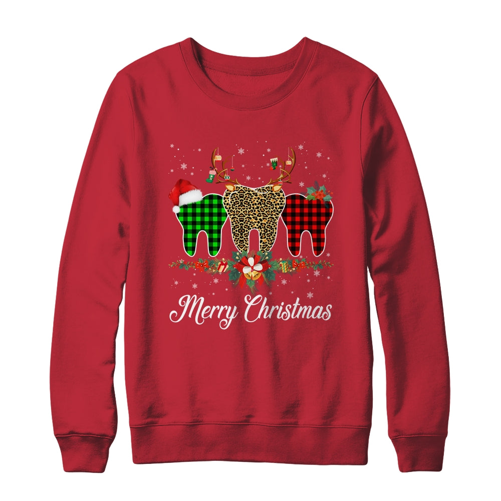 Merry Christmas Dentist Teeth Santa Hat Xmas Leopard Plaid T-Shirt & Sweatshirt | Teecentury.com