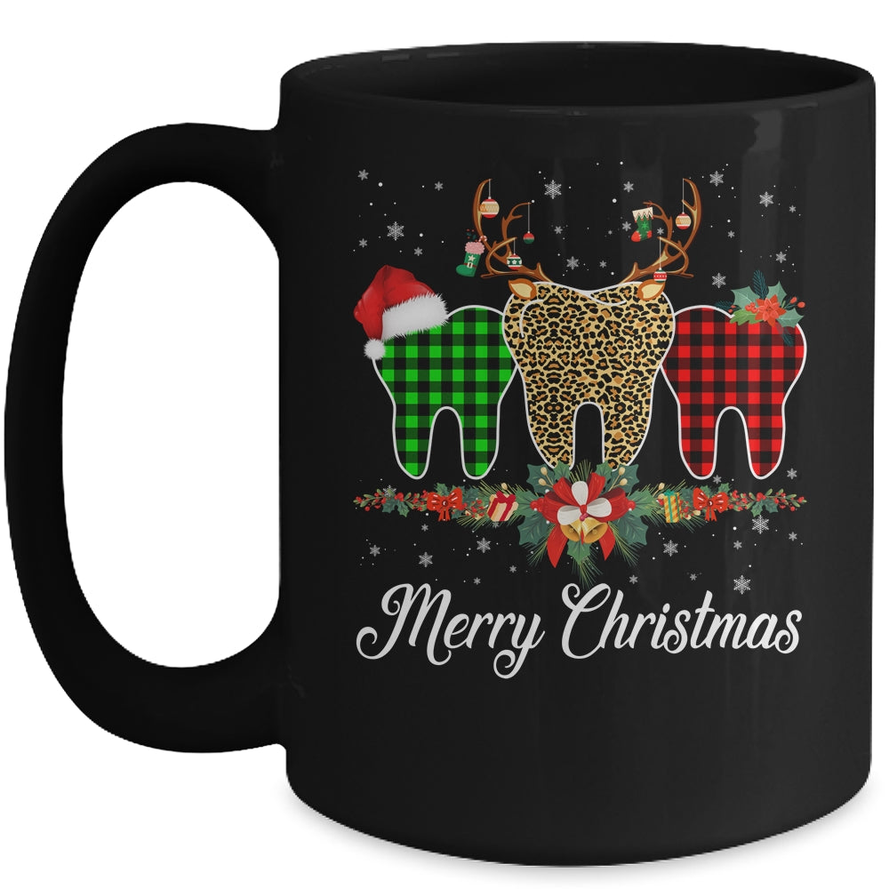 Merry Christmas Dentist Teeth Santa Hat Xmas Leopard Plaid Mug Coffee Mug | Teecentury.com