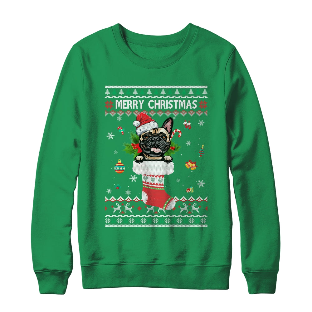 Merry Christmas French Bulldog In Sock Dog Funny Ugly Xmas T-Shirt & Sweatshirt | Teecentury.com
