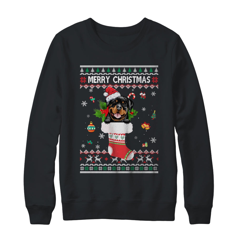 Merry Christmas Rottweiler In Sock Dog Funny Ugly Xmas T-Shirt & Sweatshirt | Teecentury.com