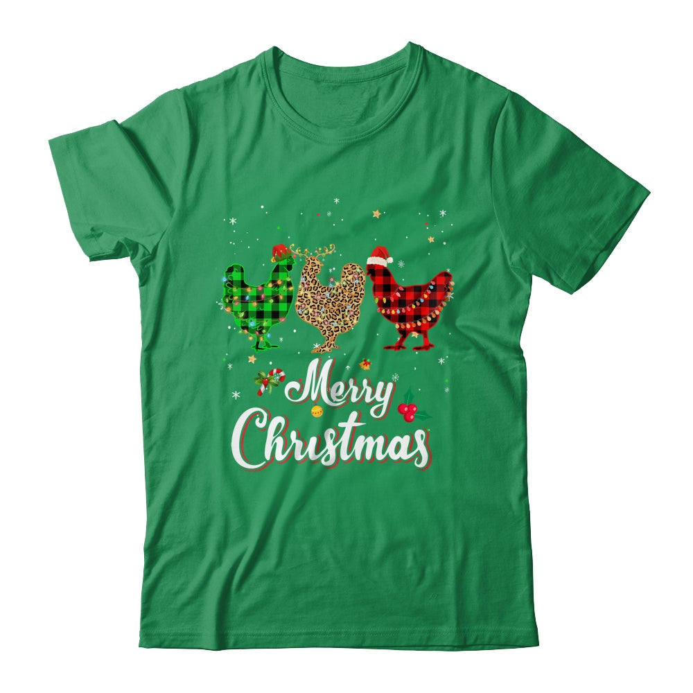 Merry Christmas Three Chicken Buffalo Leopard Red Plaid T-Shirt & Sweatshirt | Teecentury.com