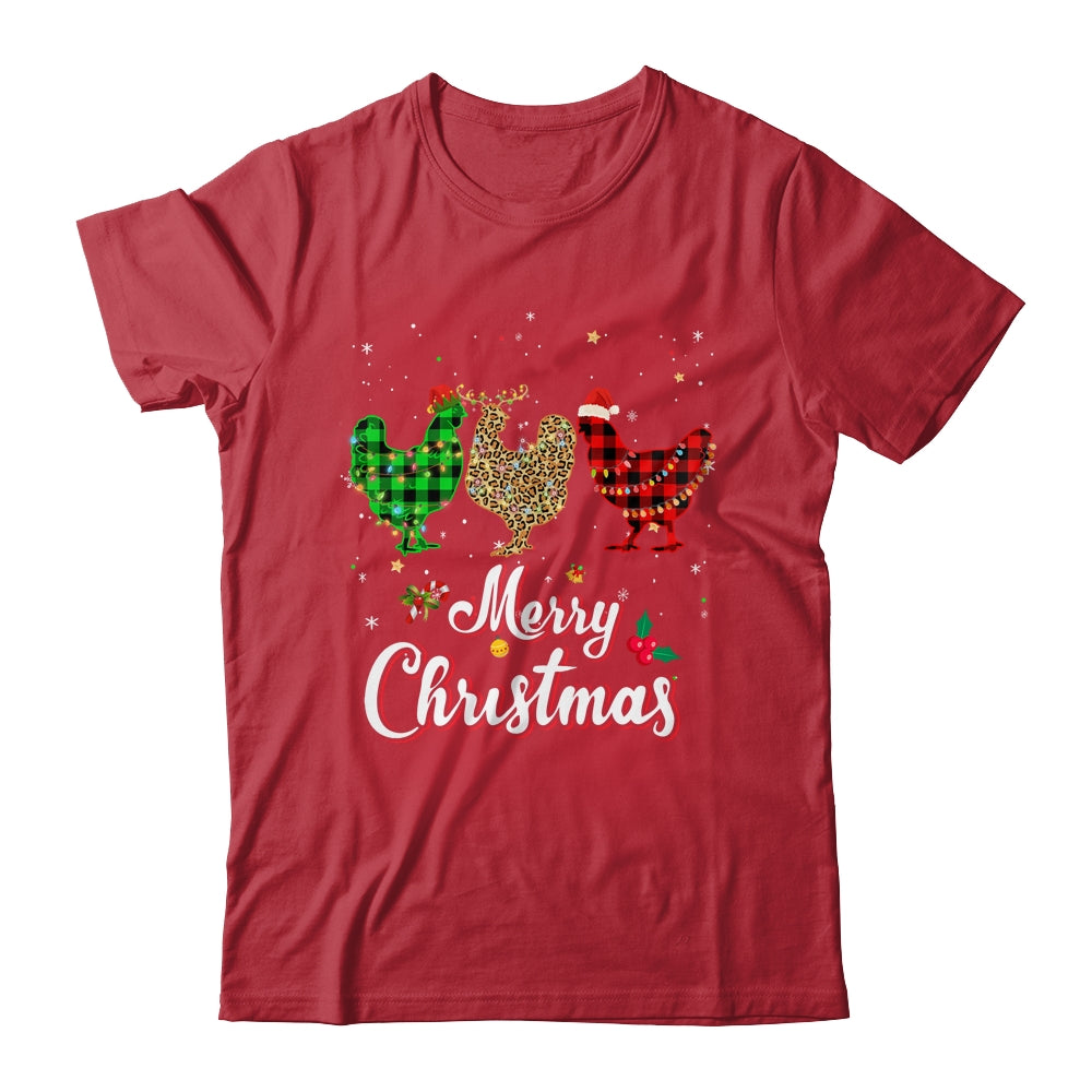 Merry Christmas Three Chicken Buffalo Leopard Red Plaid T-Shirt & Sweatshirt | Teecentury.com