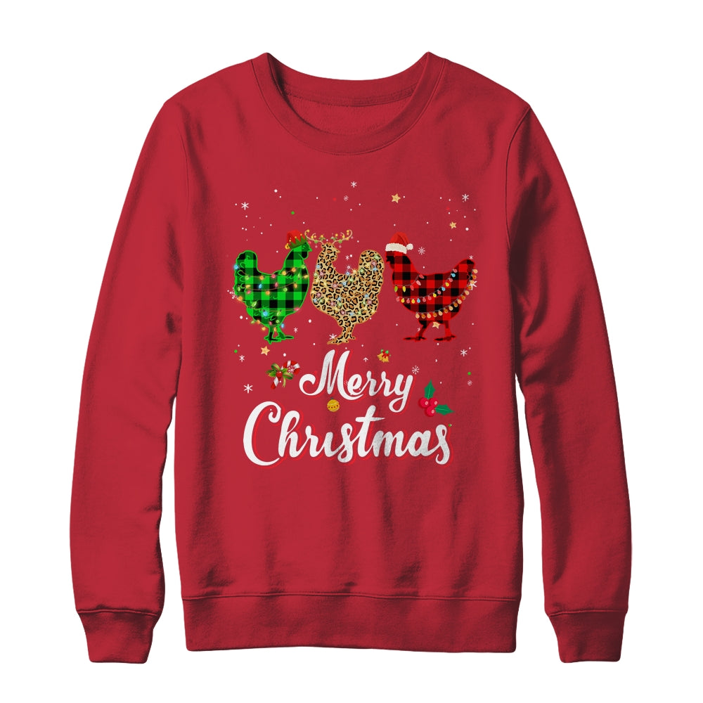 Merry Christmas Three Chicken Buffalo Leopard Red Plaid T-Shirt & Sweatshirt | Teecentury.com