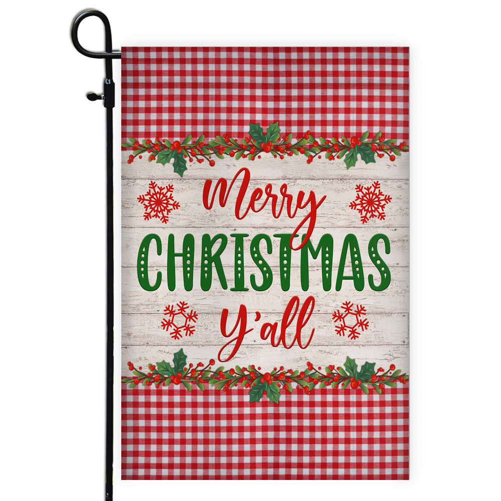 Merry Christmas Y'all Flag Buffalo Check Plaid Xmas Quote Flag | Teecentury.com