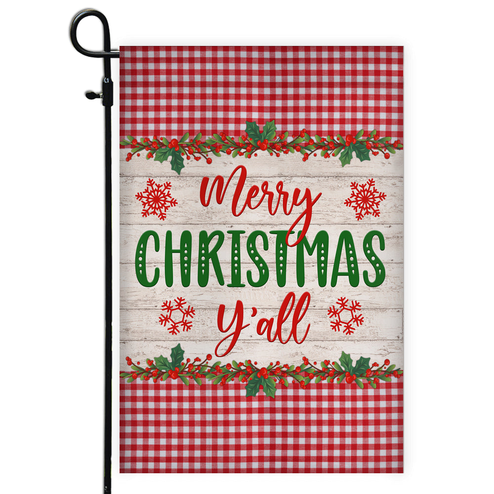 Merry Christmas Y'all Flag Buffalo Check Plaid Xmas Quote Flag | Teecentury.com