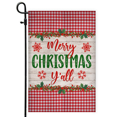 Merry Christmas Y'all Flag Buffalo Check Plaid Xmas Quote Flag | Teecentury.com