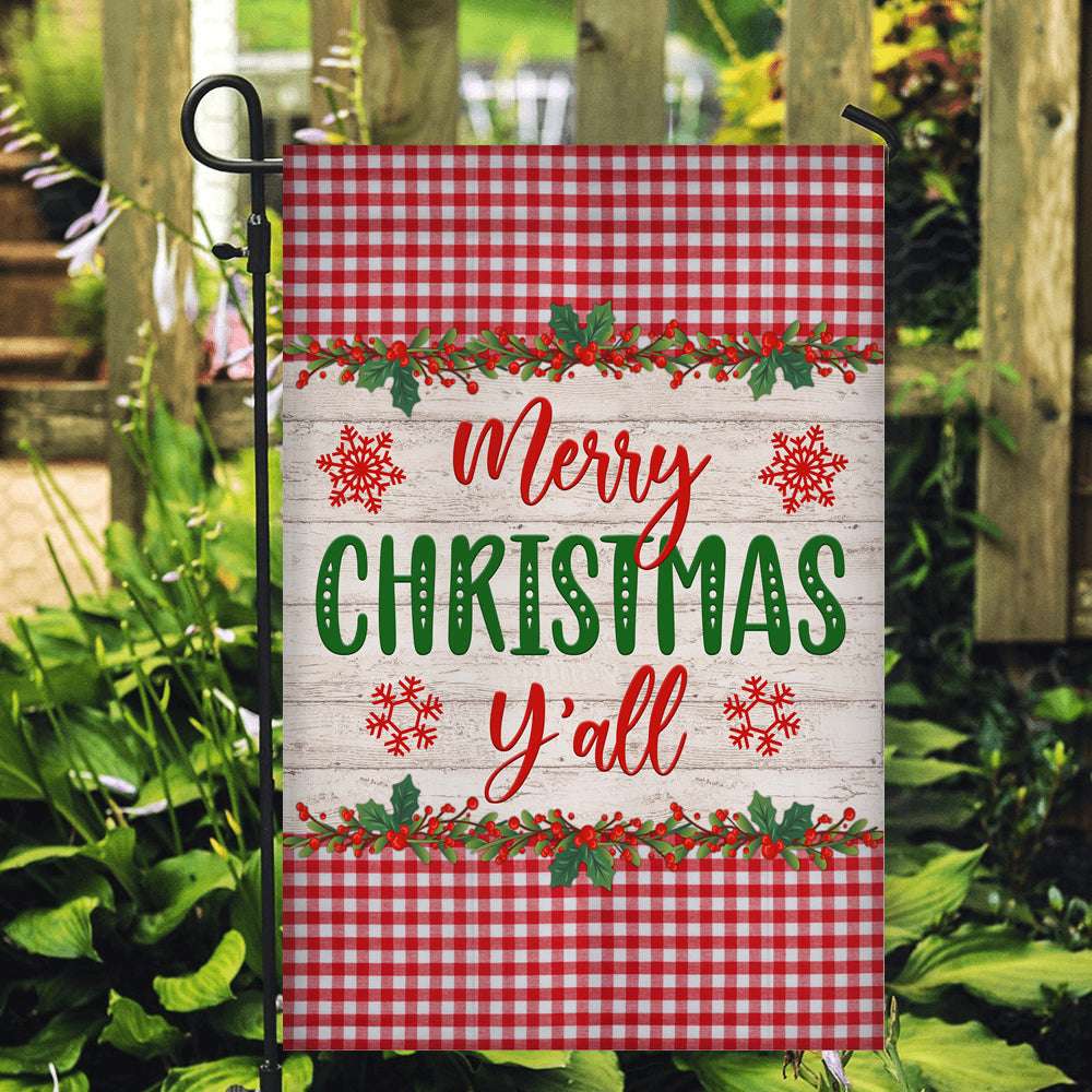 Merry Christmas Y'all Flag Buffalo Check Plaid Xmas Quote Flag | Teecentury.com