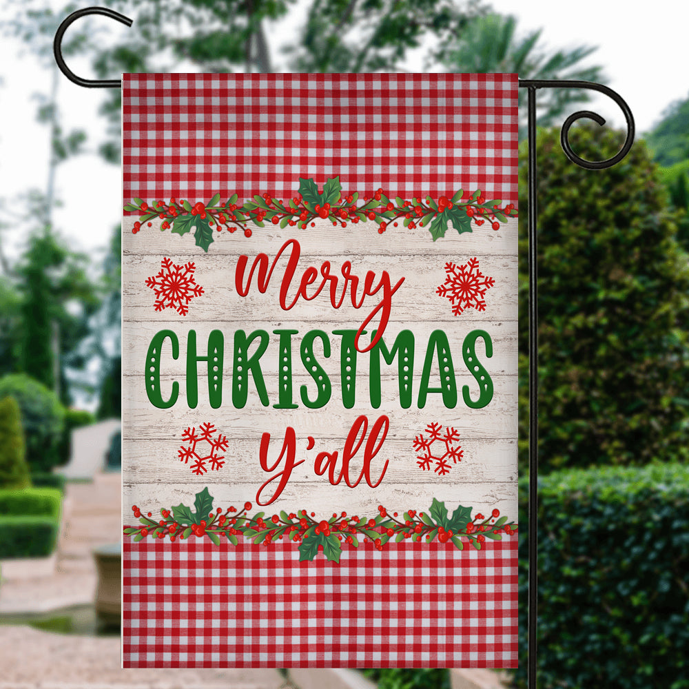 Merry Christmas Y'all Flag Buffalo Check Plaid Xmas Quote Flag | Teecentury.com