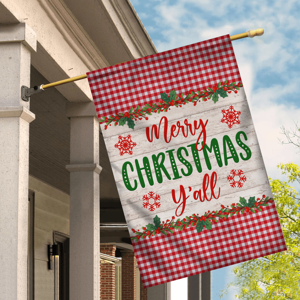 Merry Christmas Y'all Flag Buffalo Check Plaid Xmas Quote Flag | Teecentury.com